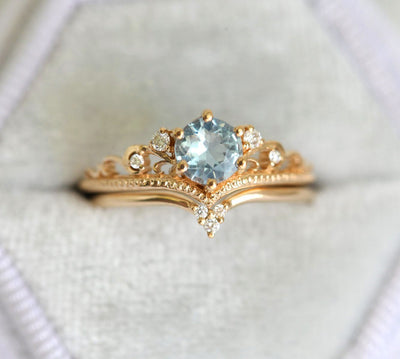 Gold Aquamarine Engagement Ring with Diamond Matching Band