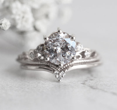 Round Salt & Pepper Diamond, Platinum Ring with Side White Diamonds
