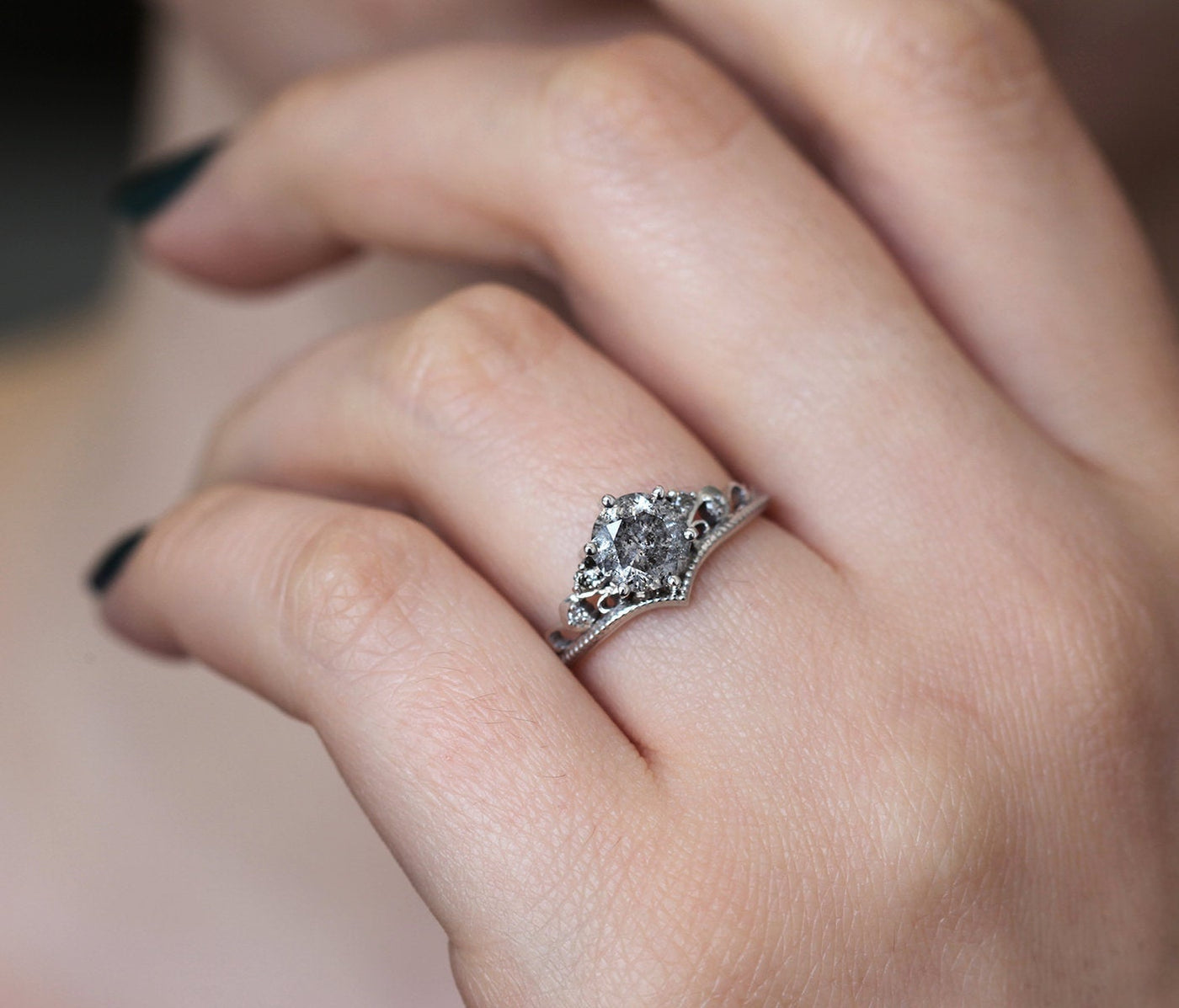 Round Salt & Pepper Diamond Ring with Side White Diamonds