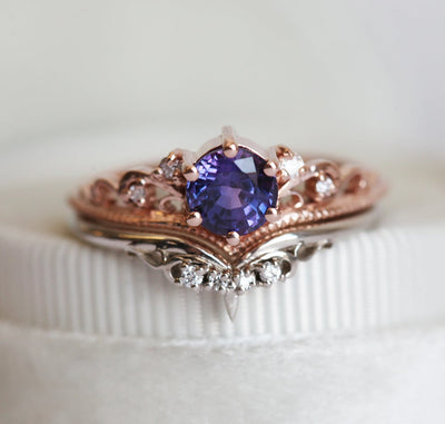Vintage round purple sapphire ring with diamond cluster