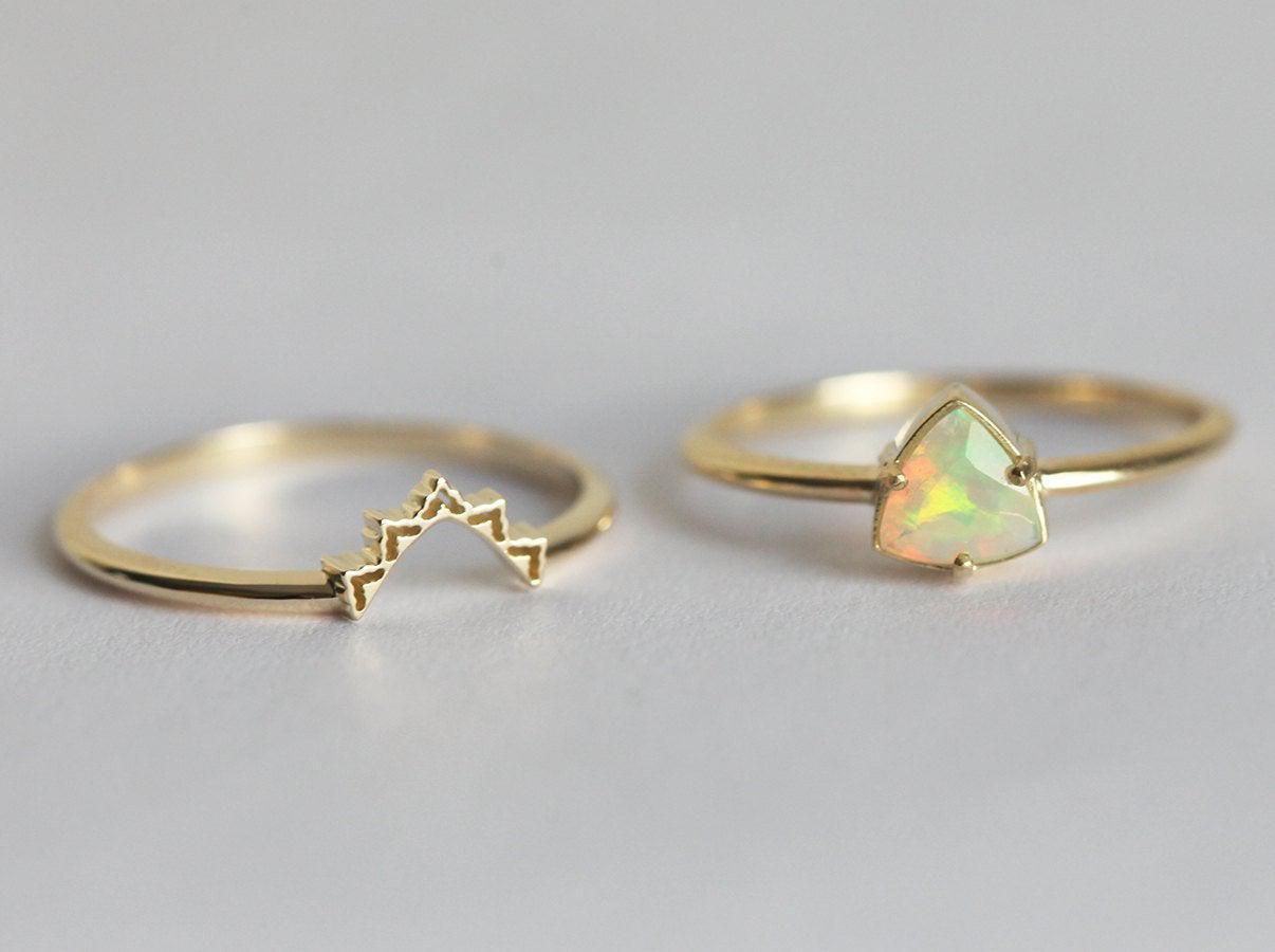 Multi-Color Trillion-Cut Opal Ring Set Embellished with a Lace Band