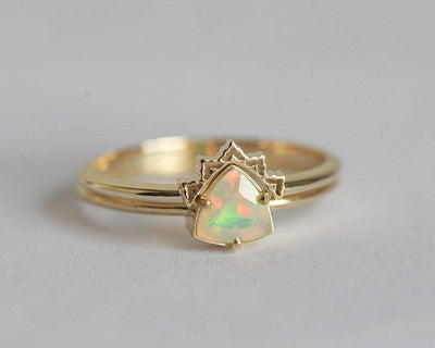 Multi-Color Trillion-Cut Opal Ring Set Embellished with a Lace Band