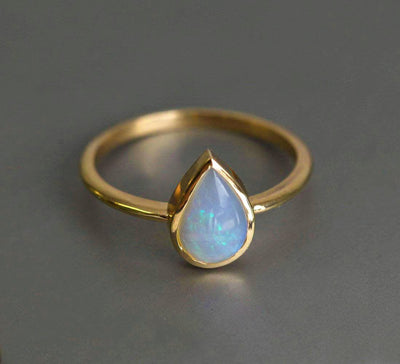 Simplistic Design Solitaire Pear Australian Opal Yellow Gold Ring