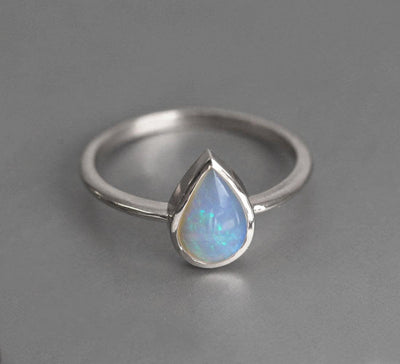 Simplistic Design Solitaire Pear Australian Opal White Gold Ring