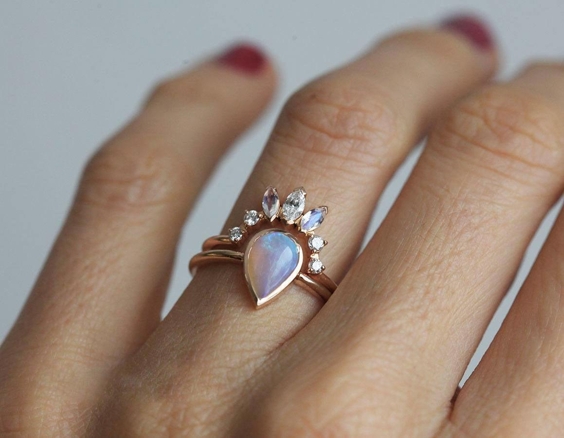 Simplistic Design Solitaire Pear Australian Opal Ring with Complementary Crown Ring