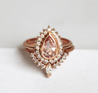 Rose Gold Pear Morganite and Diamond Ring Set