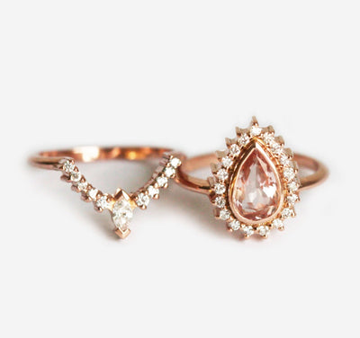 Rose Gold Pear Morganite and Diamond Ring Set