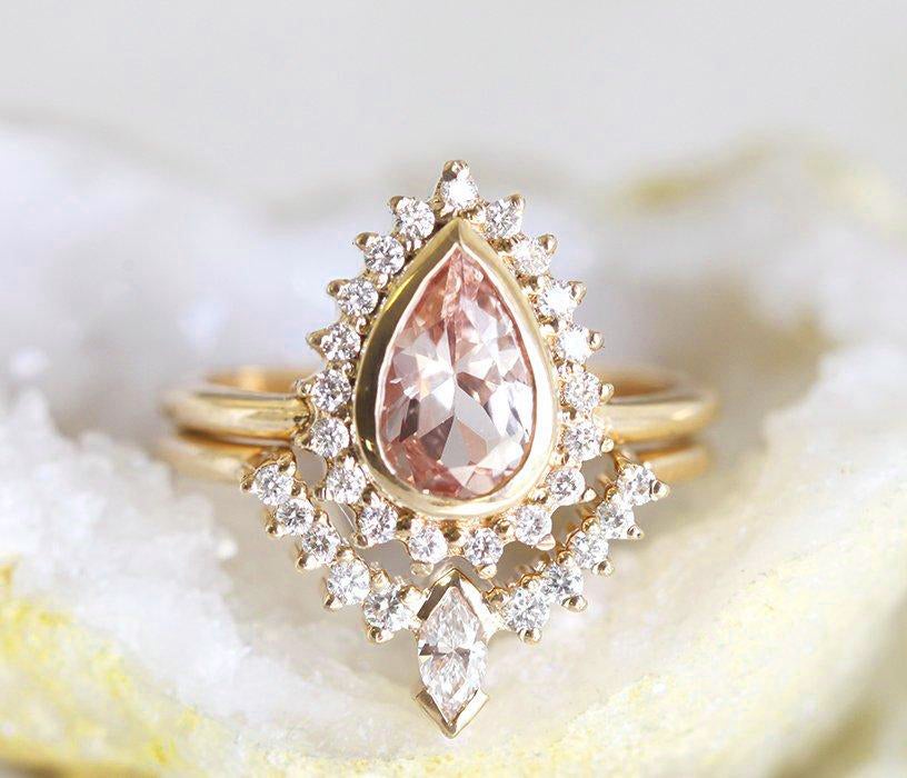 Gold Pear Morganite and Diamond Ring Set