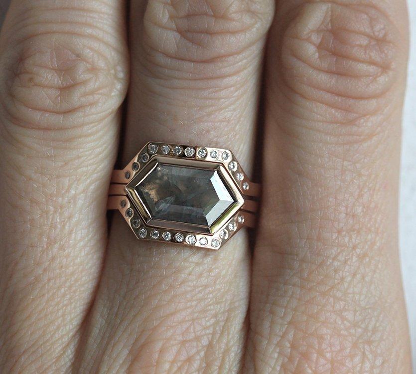 Hexagon Salt & Pepper Diamond Ring with Side Diamonds