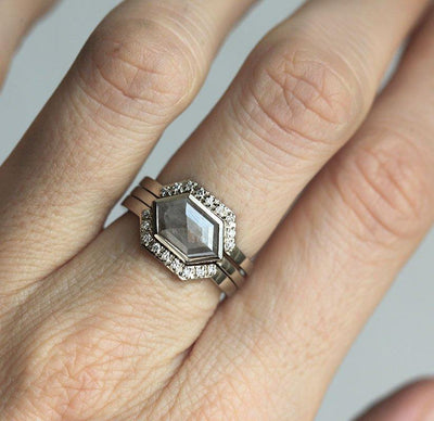 Hexagon Salt & Pepper Diamond Ring with Side Diamonds
