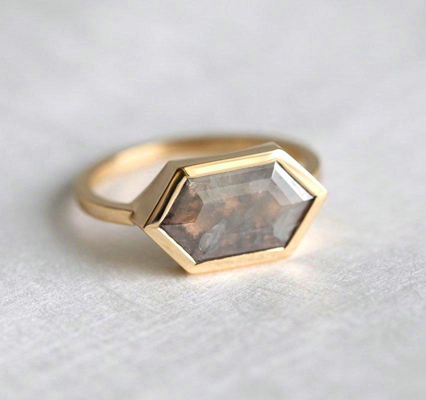 Hexagon Salt & Pepper Diamond, Yellow Gold Ring