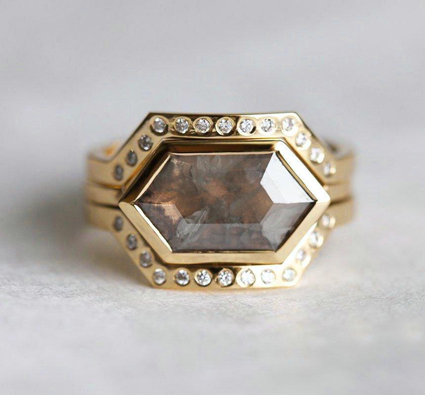 Hexagon Salt & Pepper Diamond, Yellow Gold Ring Set with Natural White Side Diamonds