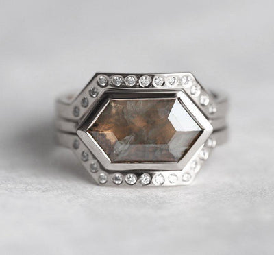 Hexagon Salt & Pepper Diamond, Platinum Ring Set with Natural White Side Diamonds