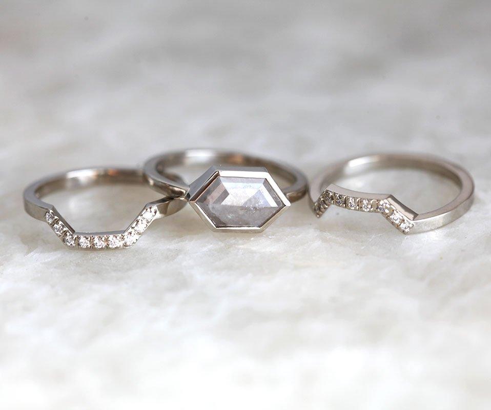 Hexagon Salt & Pepper Diamond Ring Set with Natural White Side Diamonds
