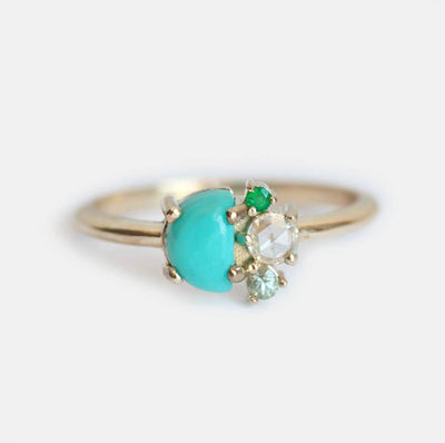 Half Moon Turquoise Ring with White Diamond, Emerald and Sapphire Gemstones