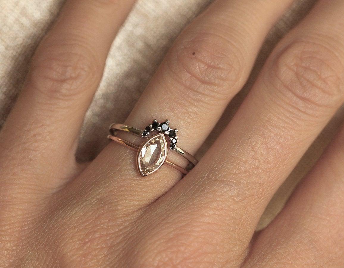 Round Black Diamond Crown Wedding Ring with main ring