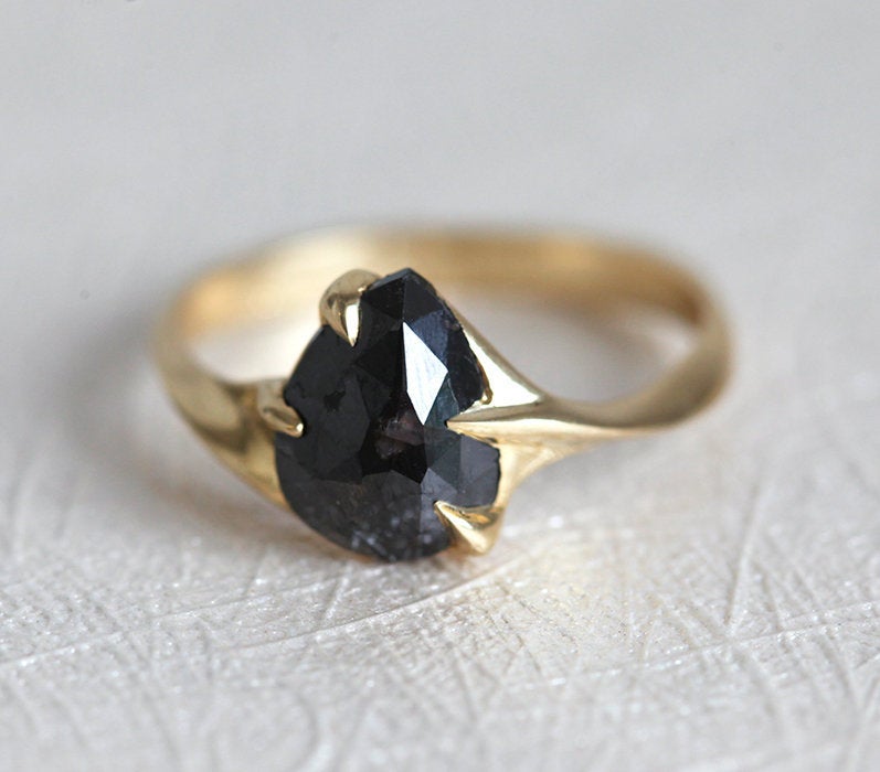 Unique and Simple Pear Black Diamond Solitaire Ring with Claw Setting