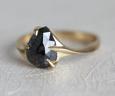 Unique and Simple Pear Black Diamond Solitaire Ring with Claw Setting