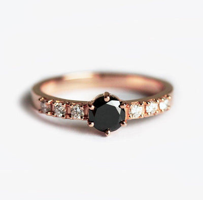 Round Black Diamond Bezel Ring with Side Round White Diamonds