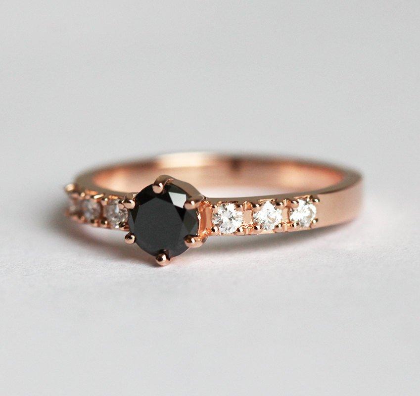 Round Black Diamond Bezel Ring with Side Round White Diamonds