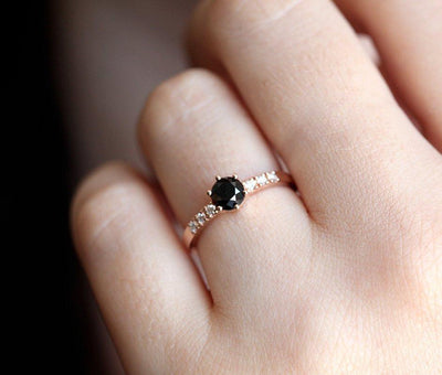 Round Black Diamond Bezel Ring with Side Round White Diamonds