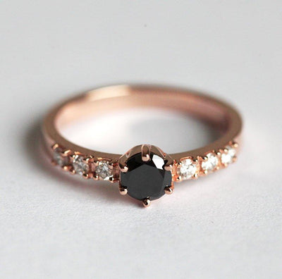 Round Black Diamond Bezel Ring with Side Round White Diamonds