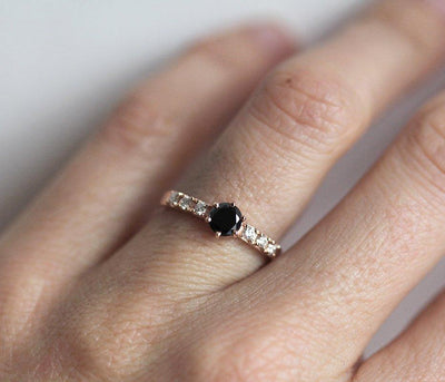 Round Black Diamond Bezel Ring with Side Round White Diamonds