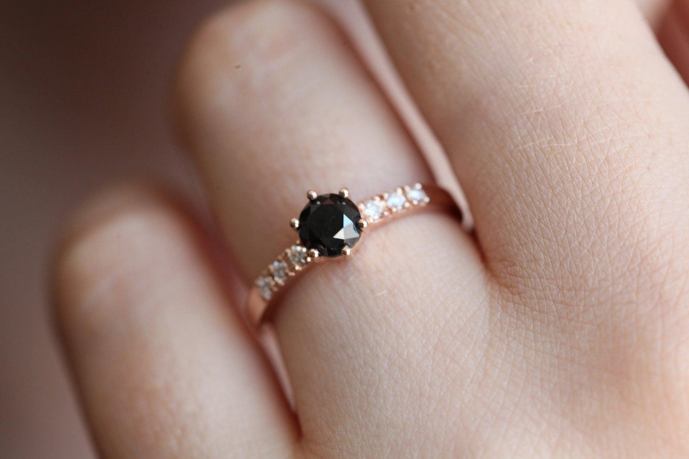 Round Black Diamond Bezel Ring with Side Round White Diamonds