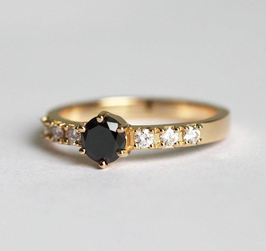 Round Black Diamond Bezel Ring with Side Round White Diamonds