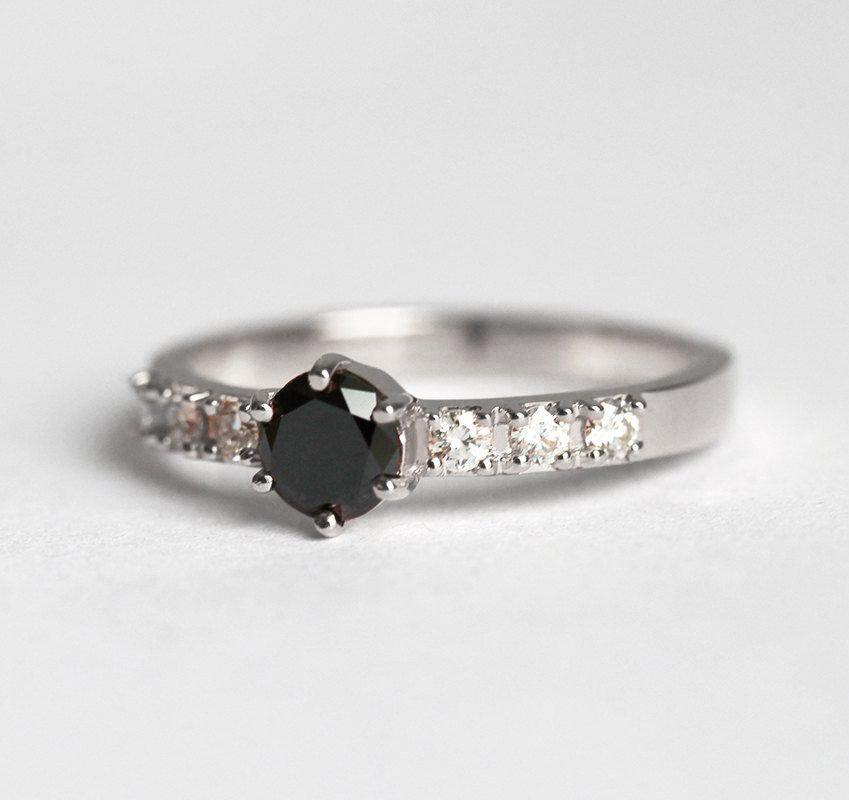 Round Black Diamond Bezel Ring with Side Round White Diamonds