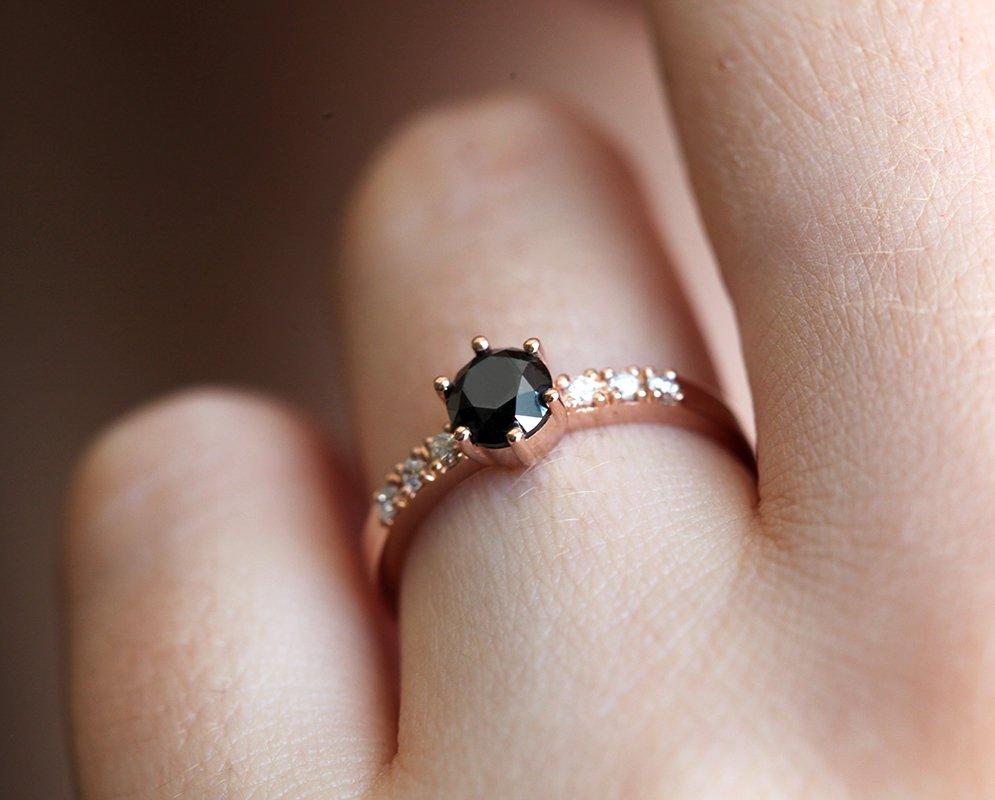 Round Black Diamond Bezel Ring with Side Round White Diamonds