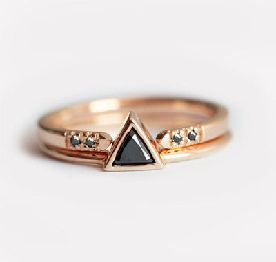 Trillion Cut Black Diamond Art Deco Wedding Ring Set with side Round Black Diamonds