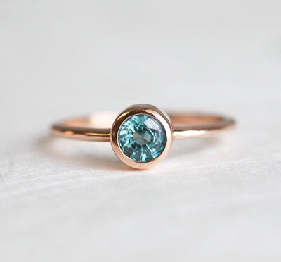 Blue Zircon Ring, Rose Gold Band-Capucinne