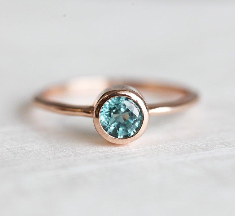 Blue Zircon Ring, Rose Gold Band-Capucinne