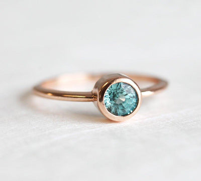 Blue Zircon Ring, Rose Gold Band-Capucinne