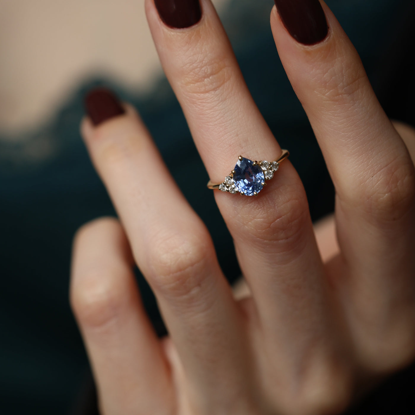 Blue pear sapphire engagement ring