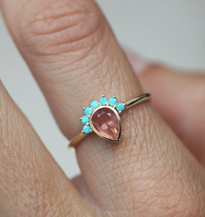 Bohemian Oregon Sunstone Ring With Turquoise Accents-Capucinne