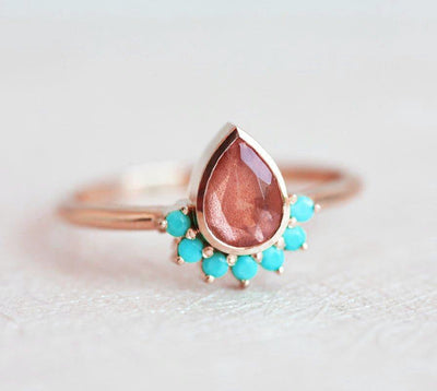 Bohemian Oregon Sunstone Ring With Turquoise Accents-Capucinne