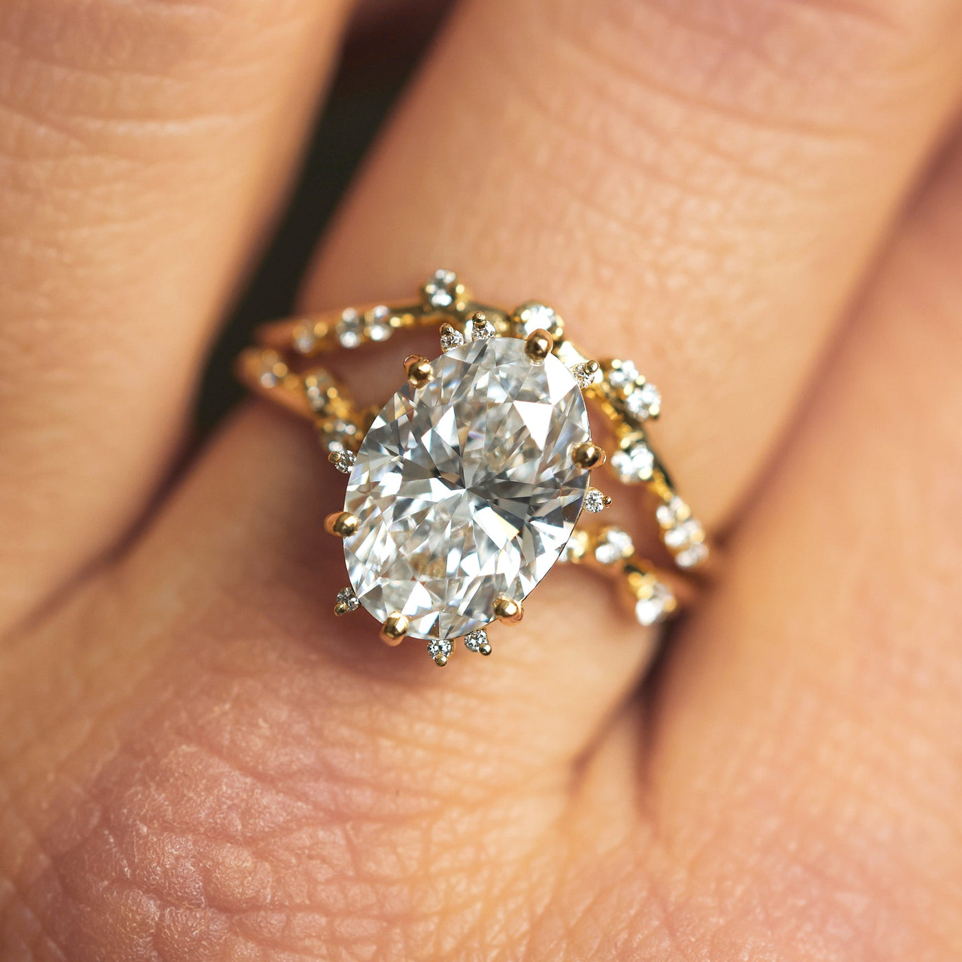 Bokeh Diamond Ring featuring 3ct Oval Lab Grown Diamond, surrounded by diamond vine illusion.