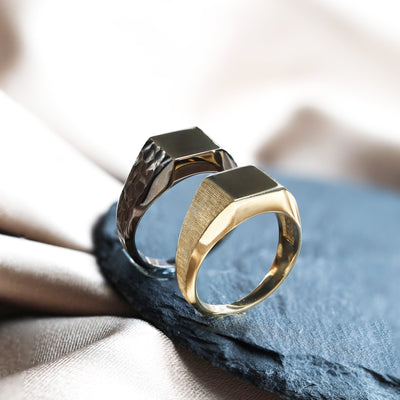 Gold signet ring, premium metals, customizable with gemstones, polished finish, band width 9.3mm.