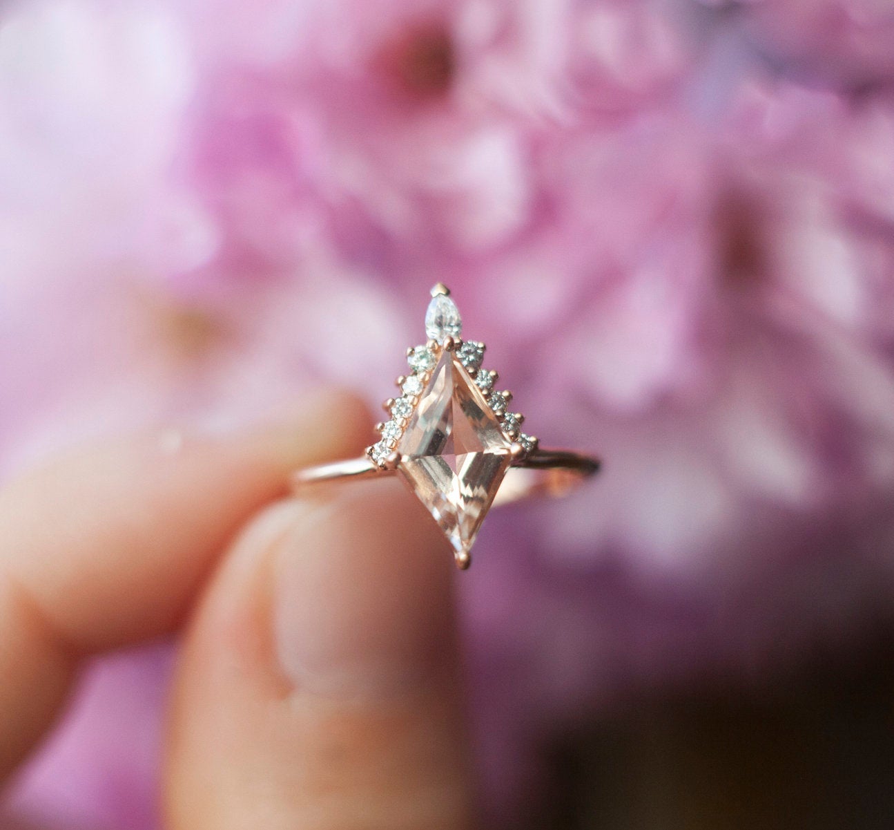 Kite Morganite Ring with Side Round and Pear-Cut White Diamonds