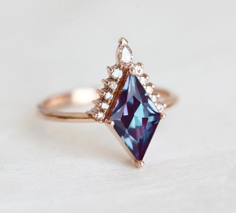 Blue Kite Alexandrite Ring with Side Round and Pear-Cut White Diamonds