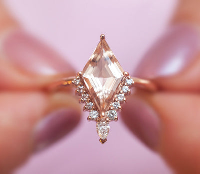 Kite Morganite Ring with Side Round and Pear-Cut White Diamonds
