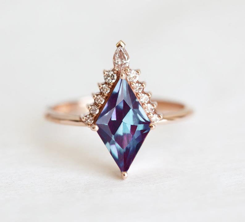 Blue Kite Alexandrite Ring with Side Round and Pear-Cut White Diamonds