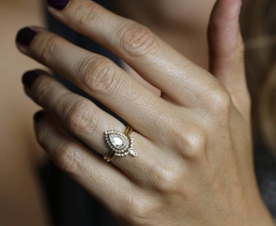 Pear Diamond Ring with Halo Diamond Crown Band