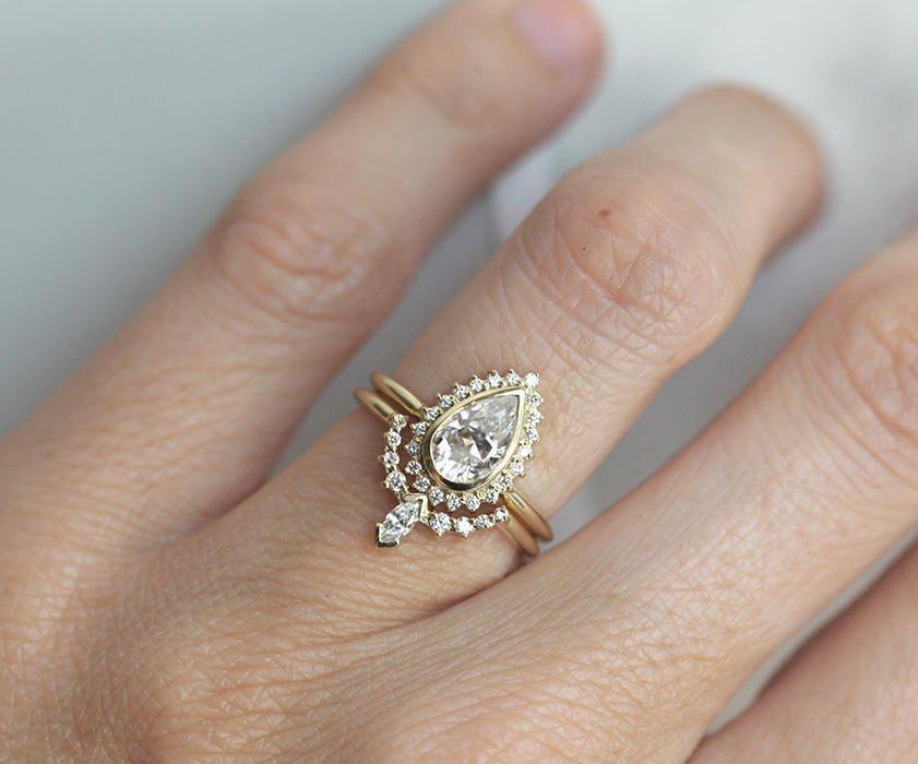 Pear Diamond Ring with Halo Diamond Crown Band