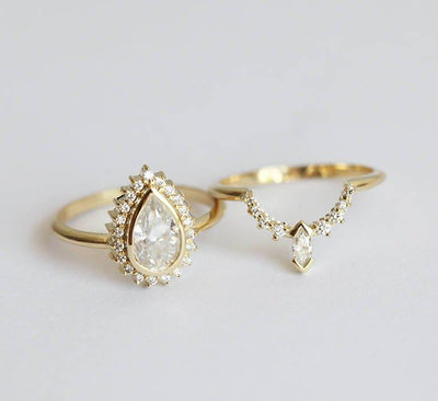 Pear Diamond Ring with Halo Diamond Crown Band