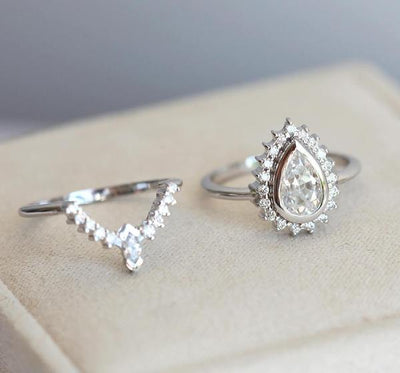 Pear Diamond Ring with Halo Diamond Crown Band