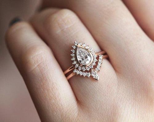 Pear Diamond Ring with Halo Diamond Crown Band