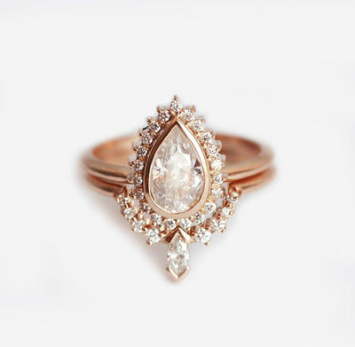 Pear Diamond Ring with Halo Diamond Crown Band